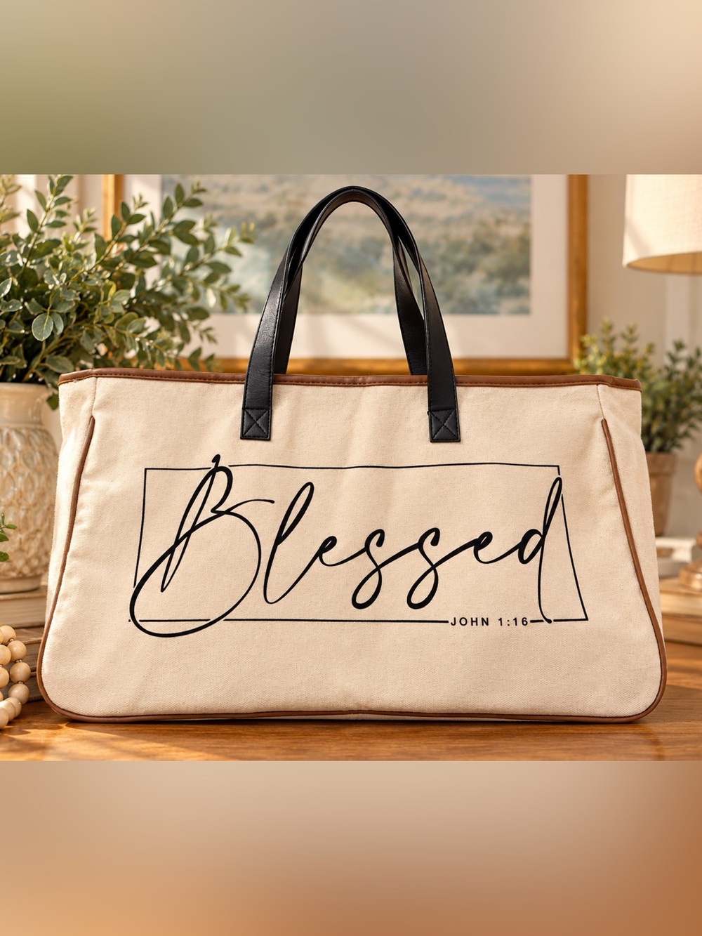 Blessed Scripture Tote in Beige & Black by LOVE IN FAITH, EUC